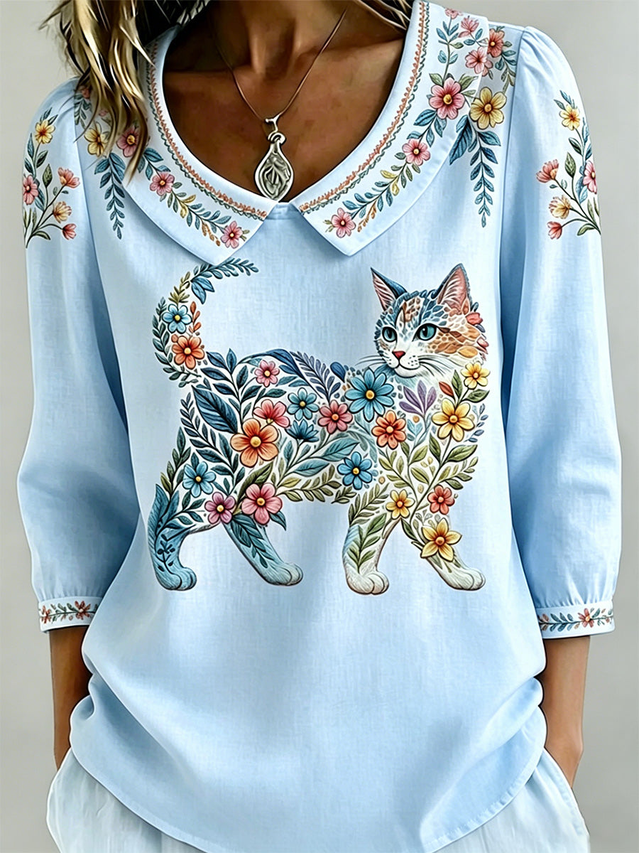 Damen-Floral-Cats-Print-Lässiges Top