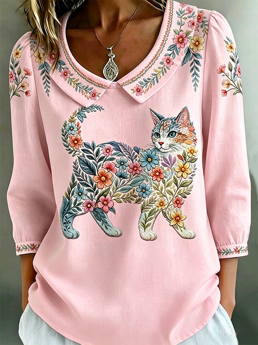 Damen-Floral-Cats-Print-Lässiges Top