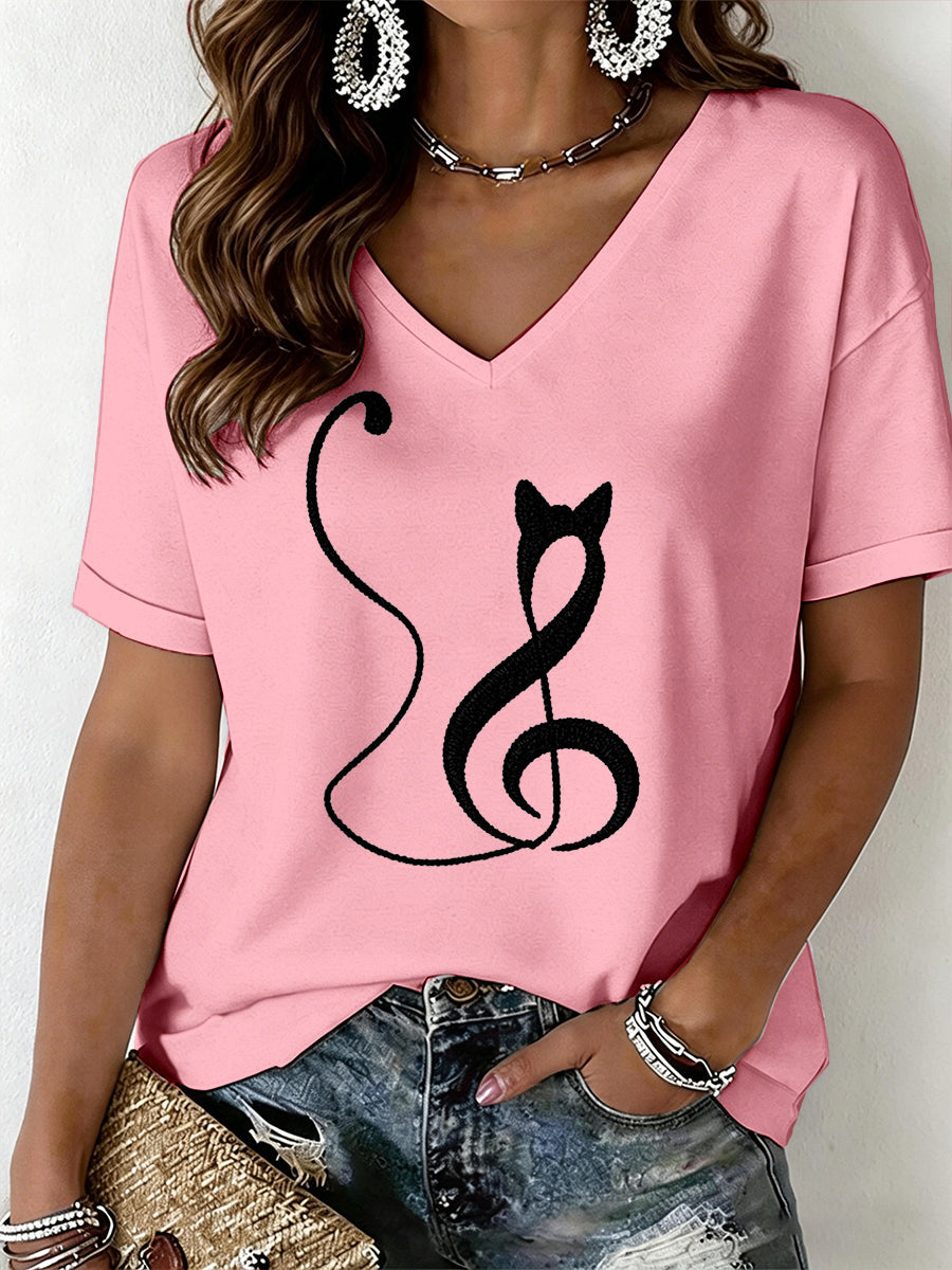 Damen-T-Shirt mit Katzenmuster und V-Ausschnitt