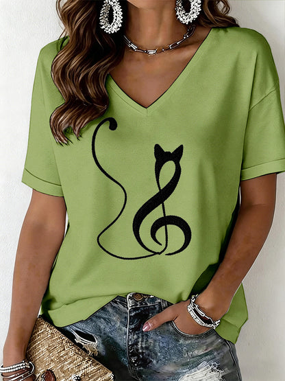 Damen-T-Shirt mit Katzenmuster und V-Ausschnitt