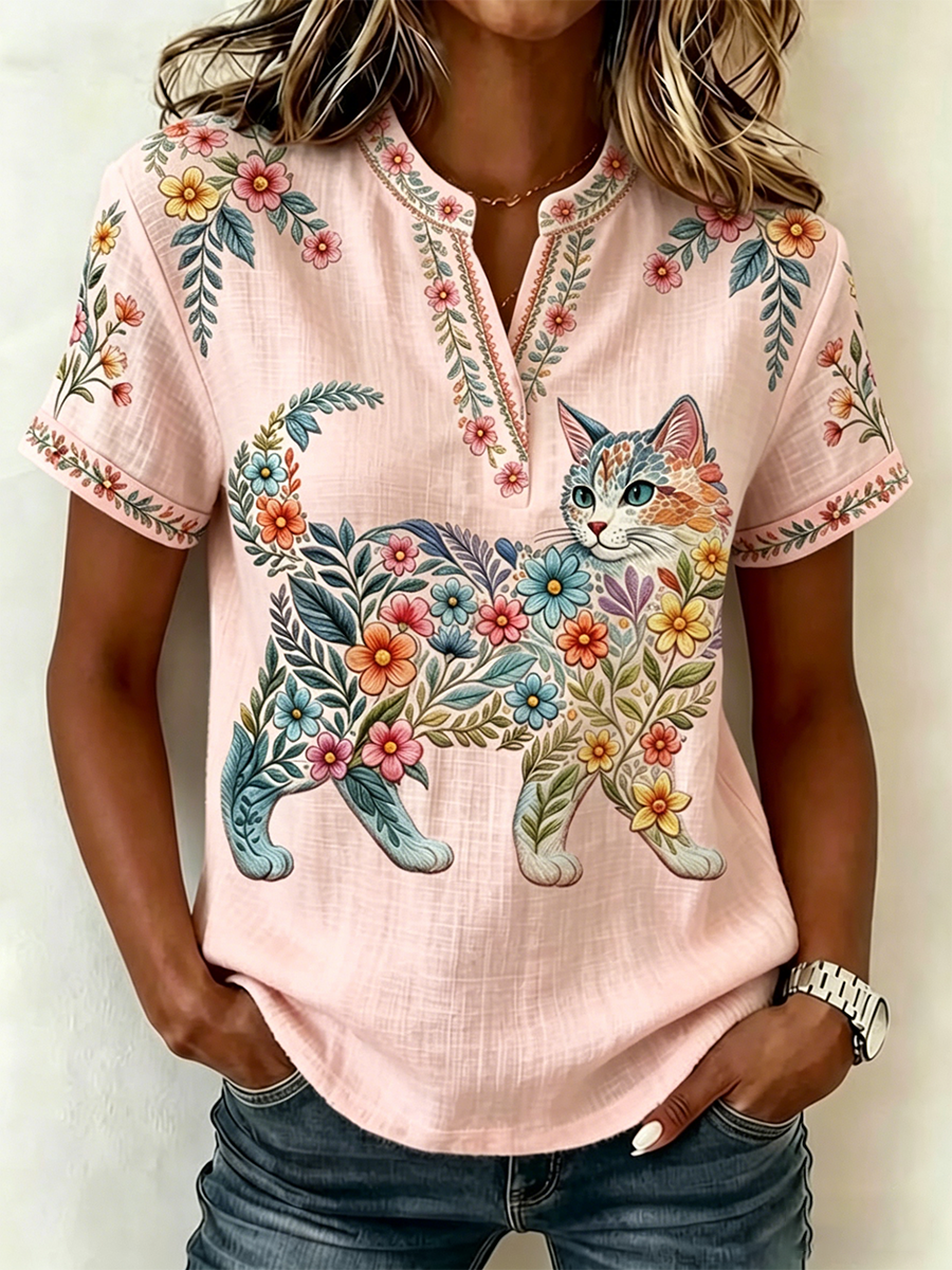 Damen-Floral-Cats-Print-Lässiges V-Ausschnitt-Top