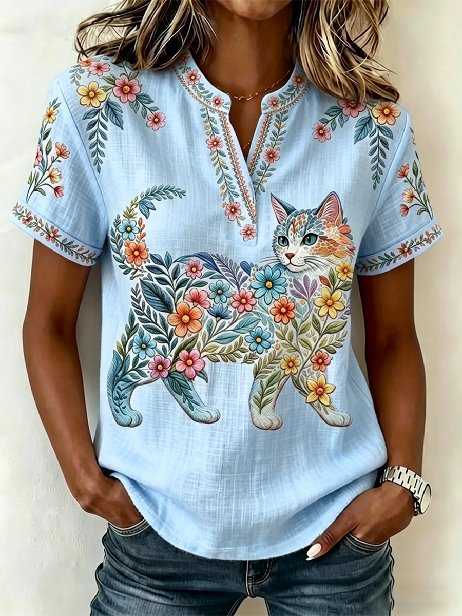 Damen-Floral-Cats-Print-Lässiges V-Ausschnitt-Top