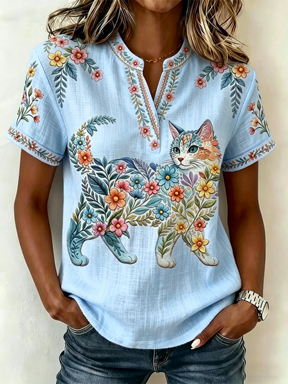 Damen-Floral-Cats-Print-Lässiges V-Ausschnitt-Top