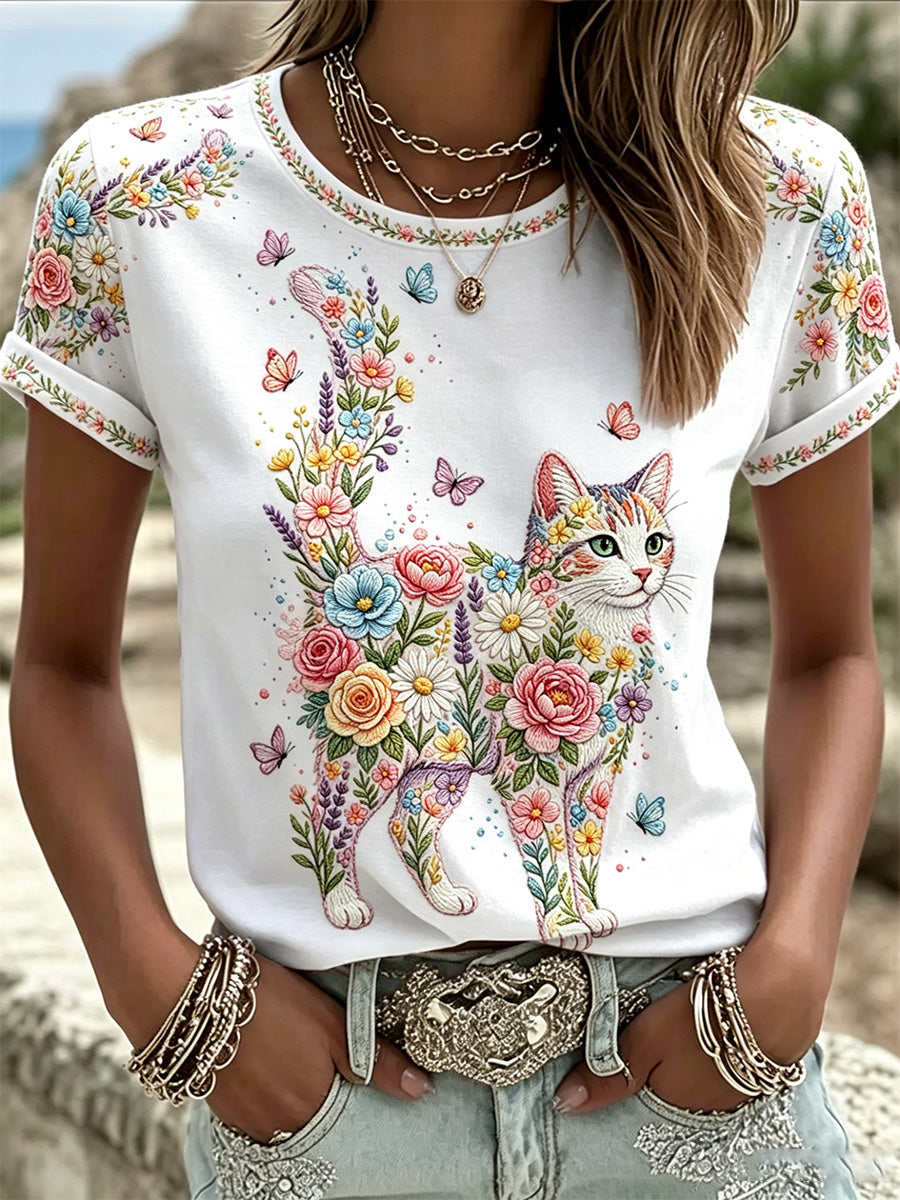 Damen-Floral-Katzen-Print-Casual-T-Shirt