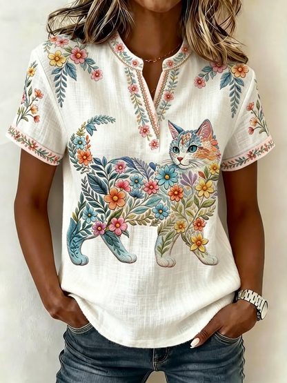 Damen-Floral-Cats-Print-Lässiges V-Ausschnitt-Top
