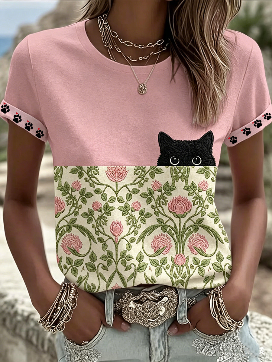 Damen-T-Shirt in Schwarz mit Katzen- und Blumenmotiv, lässig, kurze Ärmel