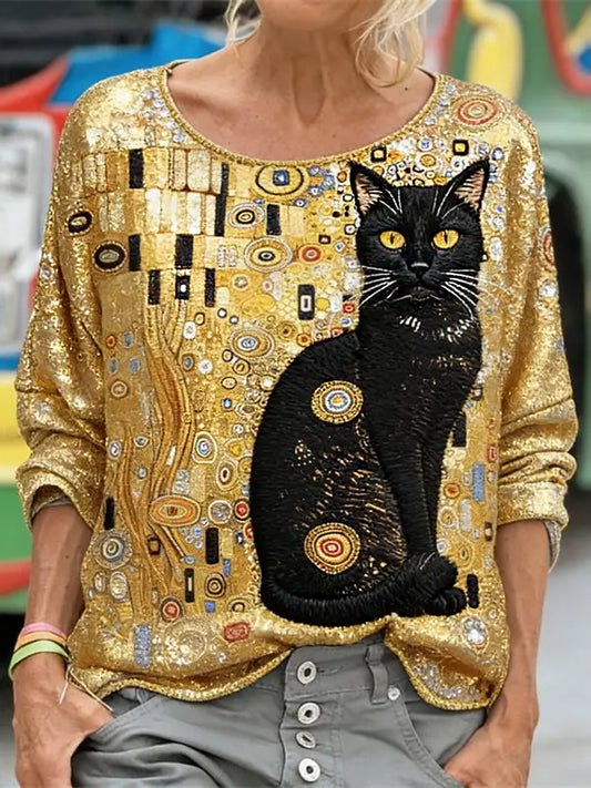 Damen Glitter Black Cat Art Langarm Lose sitzendes Sweatshirt