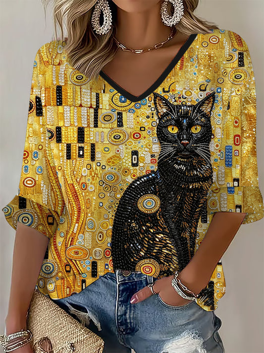 Frauen Glitter schwarze Katze Kunst Waffel T-Shirt
