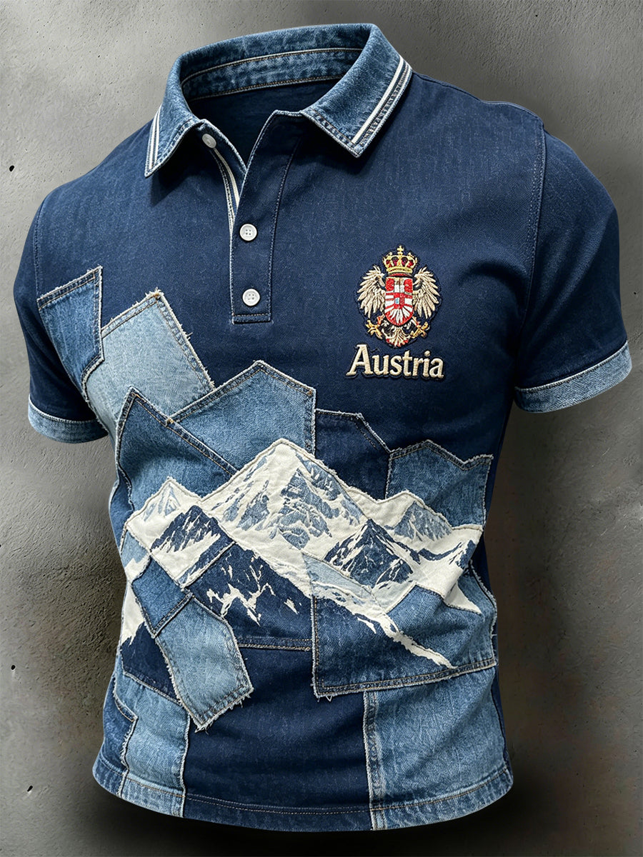 Retro Österreich ische Alpen Outdoor Patchwork Casual Polo Shirt