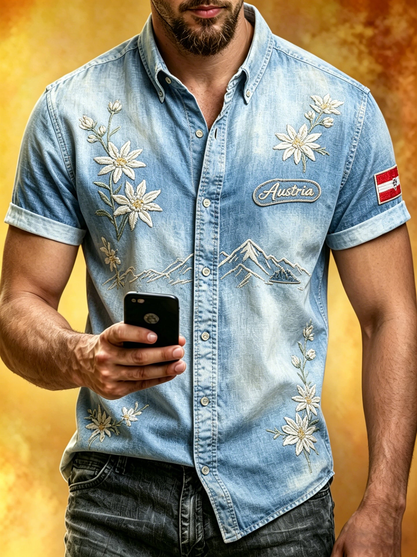 Kurzärmliges Herren hemd mit Edelweiss Stickerei und Gradienten druck