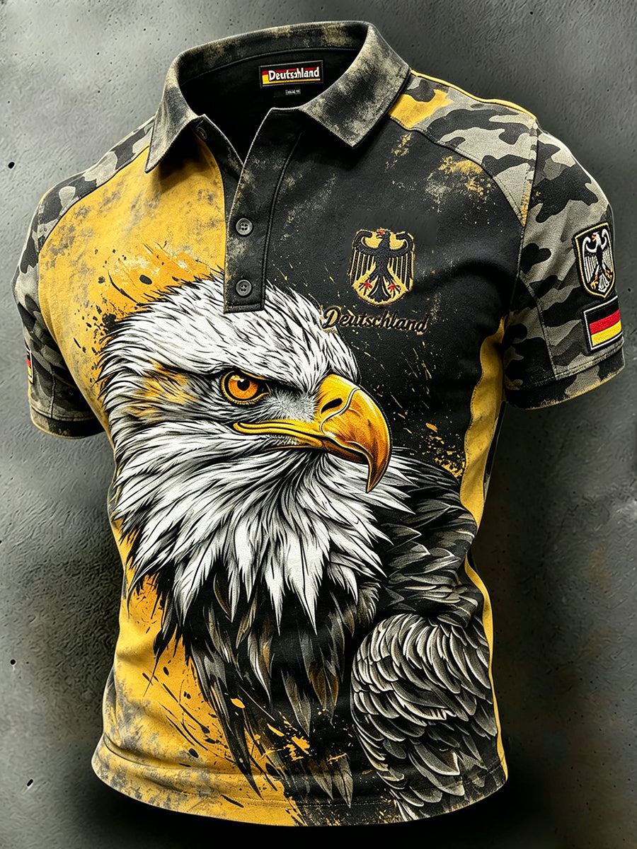 Herren-Poloshirt mit verwaschenem Camouflage-Print und künstlerischem Design, kurze Ärmel