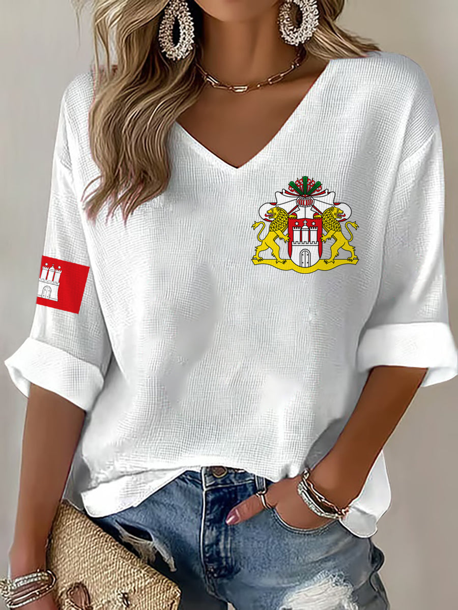 Damen-Hafengeburtstag-Print-Waffel-T-Shirt