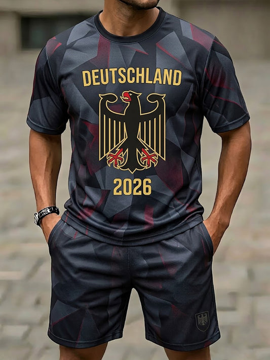 Herren-Set bestehend aus bedrucktem T-Shirt und Shorts für deutsche Fußballfans