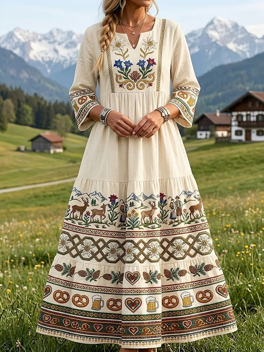Damenkleid im bayerischen Stil mit floraler Kunstprint aus Leinen