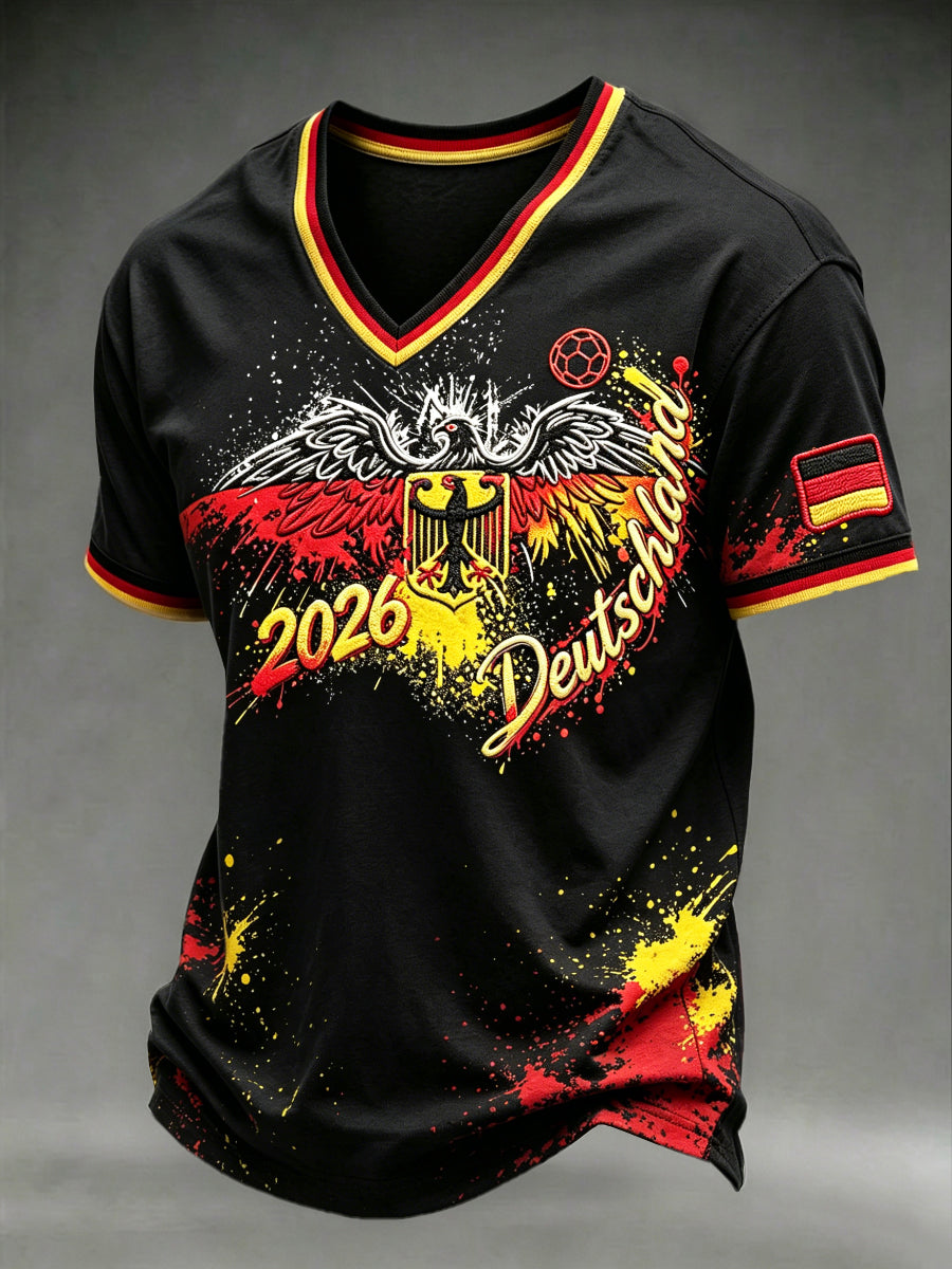 Herren Schwarz Deutsches Fußball-Adler-Print 2026 Casual V-Ausschnitt T-Shirt