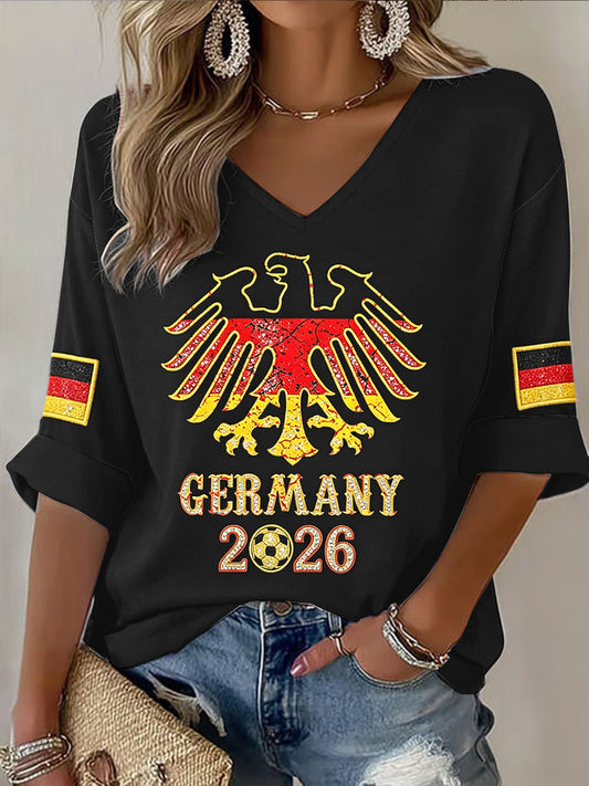 Damen Deutschland 2026 Fußball druck Freizeit T-Shirt mit V-Ausschnitt