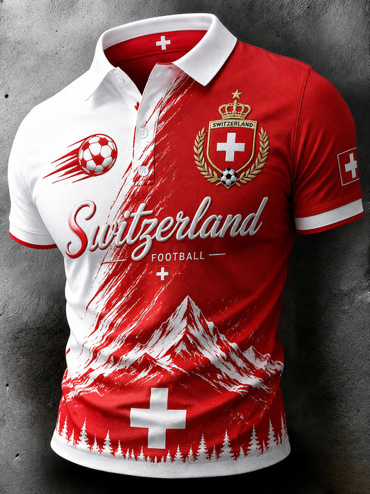 Herren-Poloshirt aus Waffelstrick mit kurzen Ärmeln und Fußballmotiv-Print