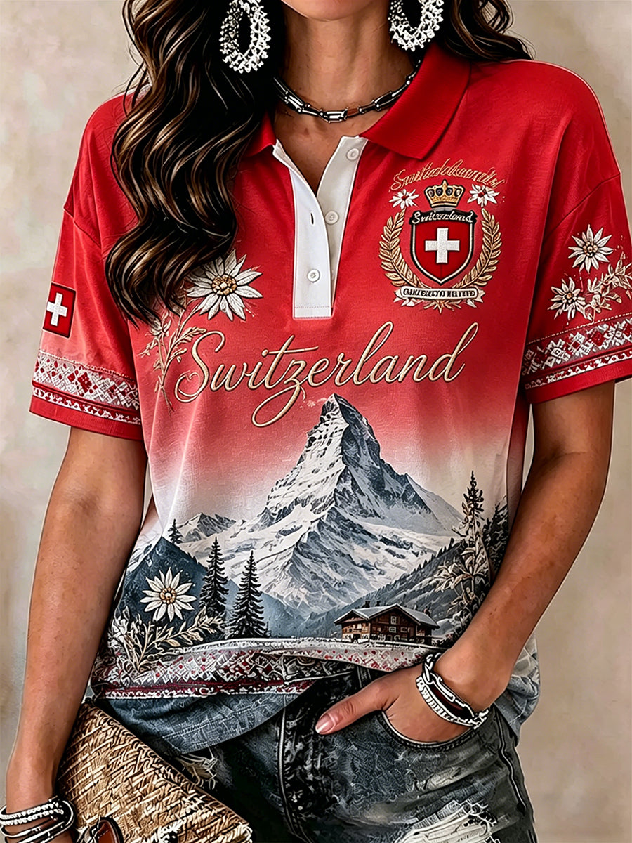 Damen-Retro-Poloshirt mit landschaftlichem Druck, lässig