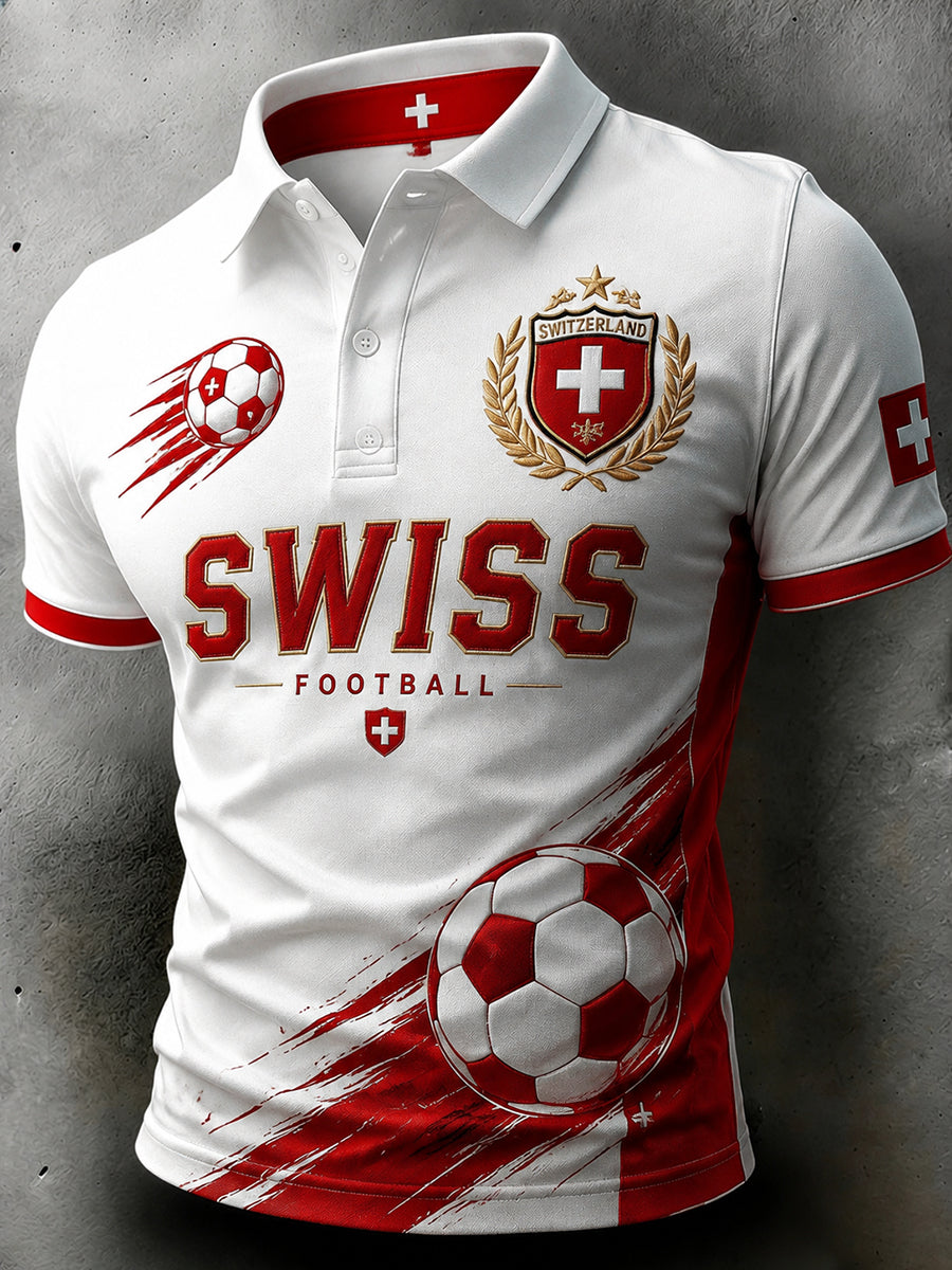 Herren-Poloshirt mit kurzen Ärmeln und Fußballmotiv