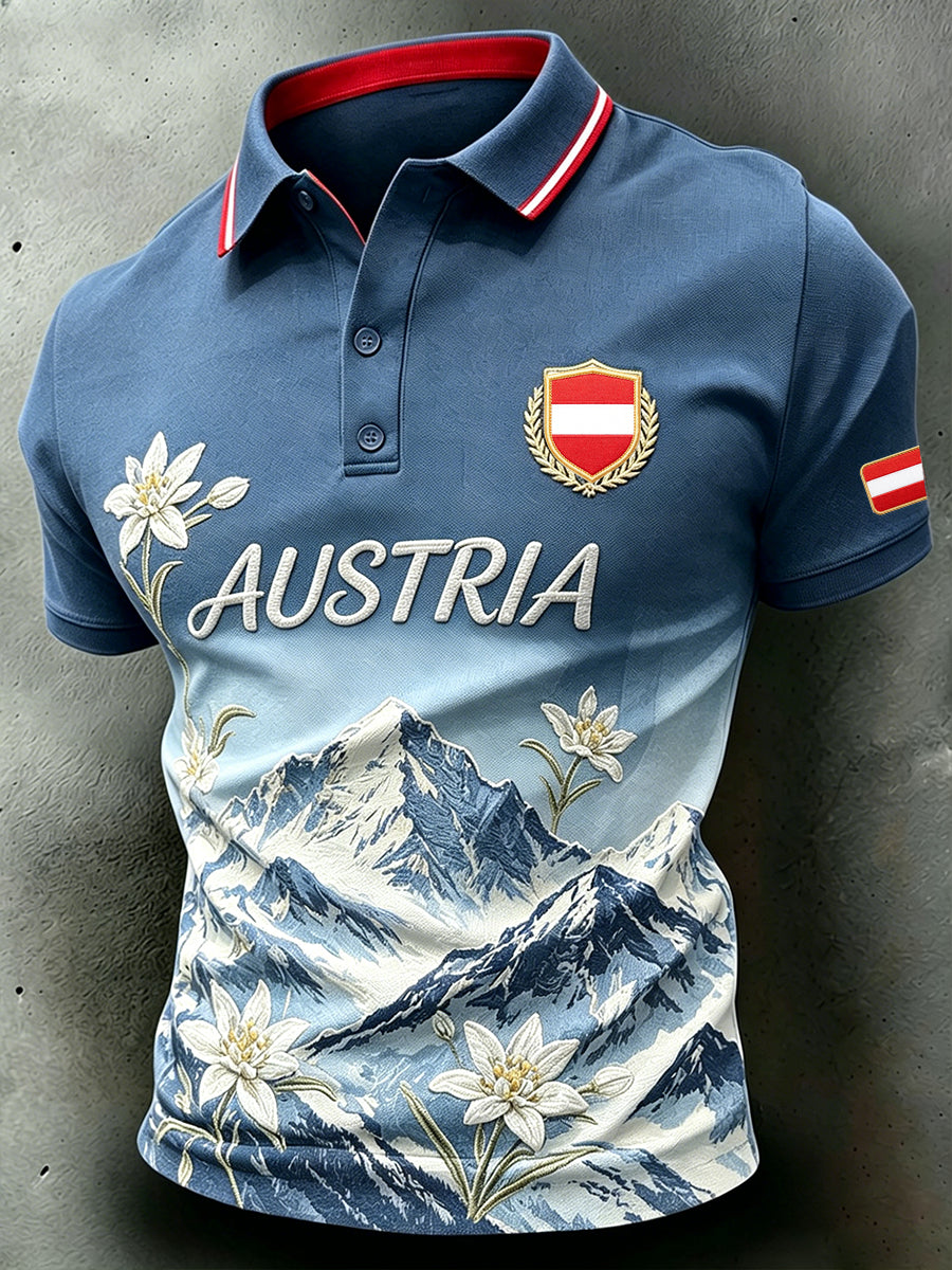 Herren-Polo mit kurzen Ärmeln und Landschaftsdruck, lässig