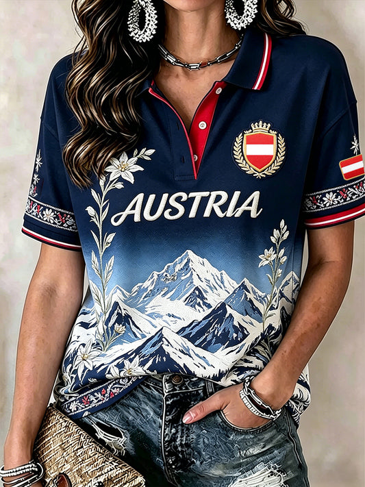 Damen-Casual-Polo mit kurzen Ärmeln und landschaftlichem Print