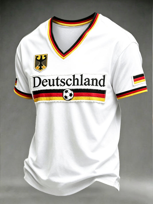 Herren weiße deutsche Flagge Fußball Patchwork Print Freizeit T-Shirt mit V-Ausschnitt