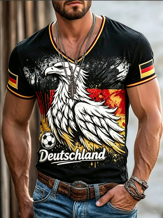 Männer deutsche Flagge Fußball Adler Print Freizeit T-Shirt mit V-Ausschnitt