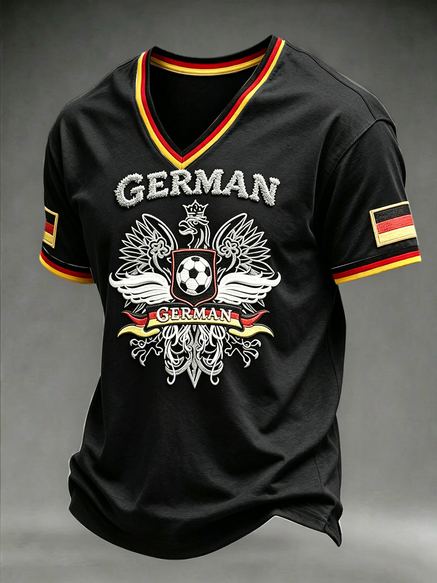 Herren Schwarz Deutsch Fußball Print Lässiges T-Shirt mit V-Ausschnitt