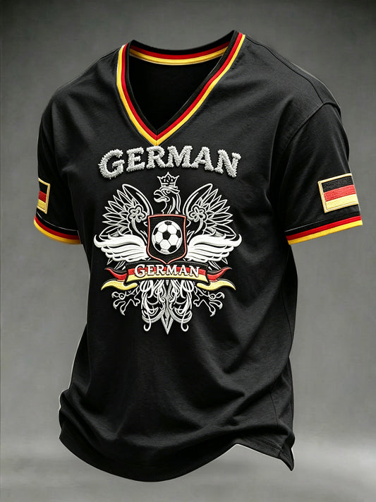Herren Schwarz Deutsch Fußball Print Lässiges T-Shirt mit V-Ausschnitt
