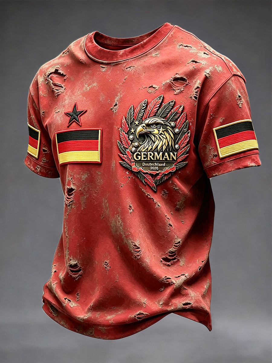 Herren Vintage Rot Deutscher Fußball druck Distressed Casual T-Shirt