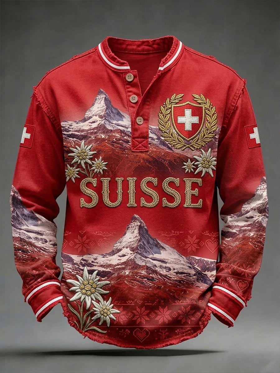 Herren-Langarm-V-Ausschnitt-Top mit Landschaft und Blumen druck