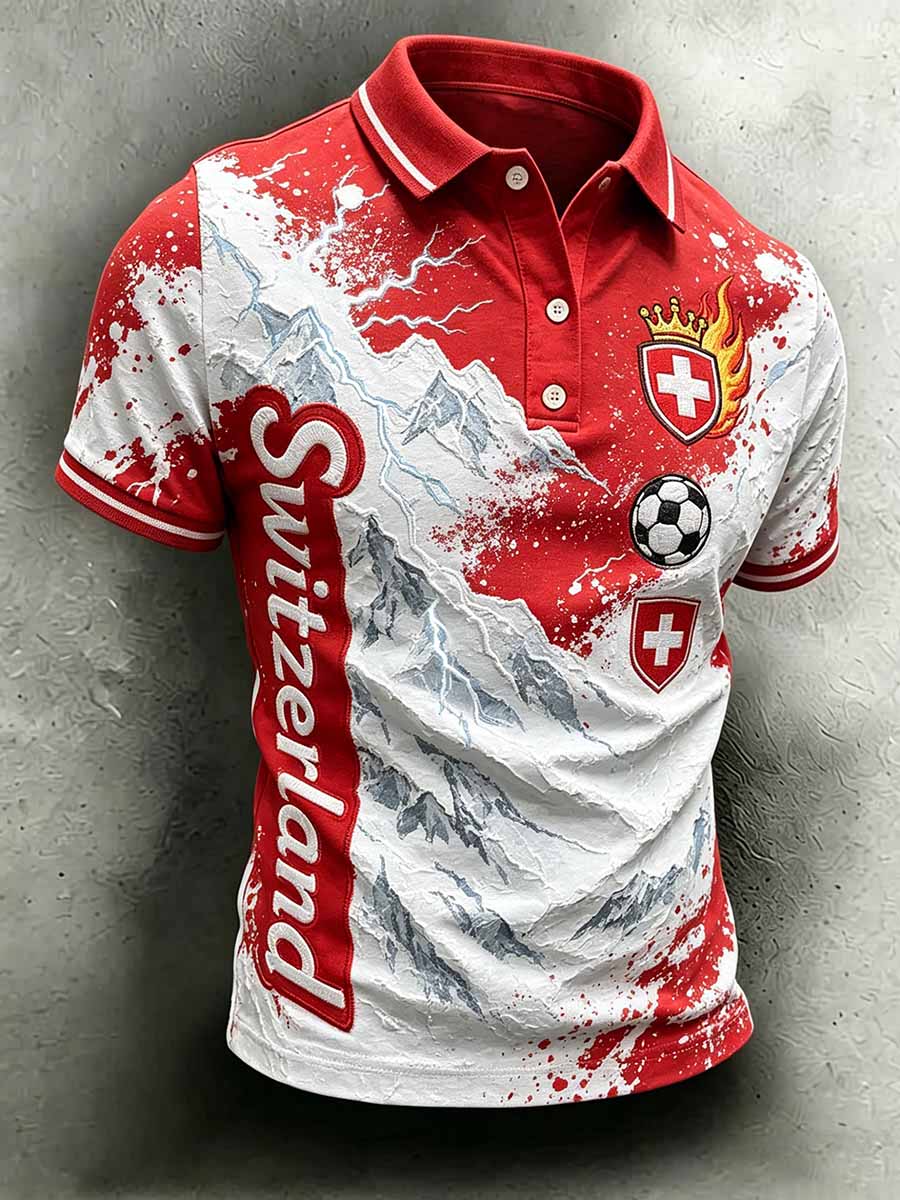 Herren-Poloshirt im Stil der Schweizer Fussballliga, mit Kunstdruck, lässig geschnitten