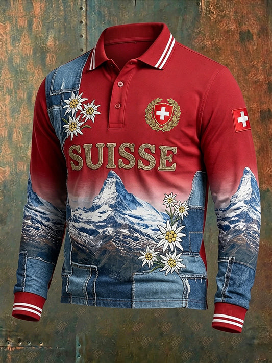 Langärmliges Polos hirt für Männer mit Landschafts-und Blumen druck