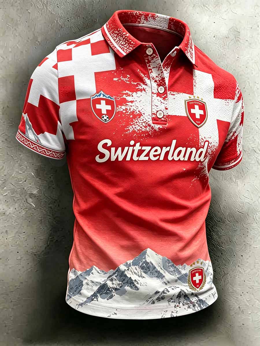 Herren-Poloshirt im Stil der Schweizer Fussballliga, mit Kunstdruck, lässig geschnitten