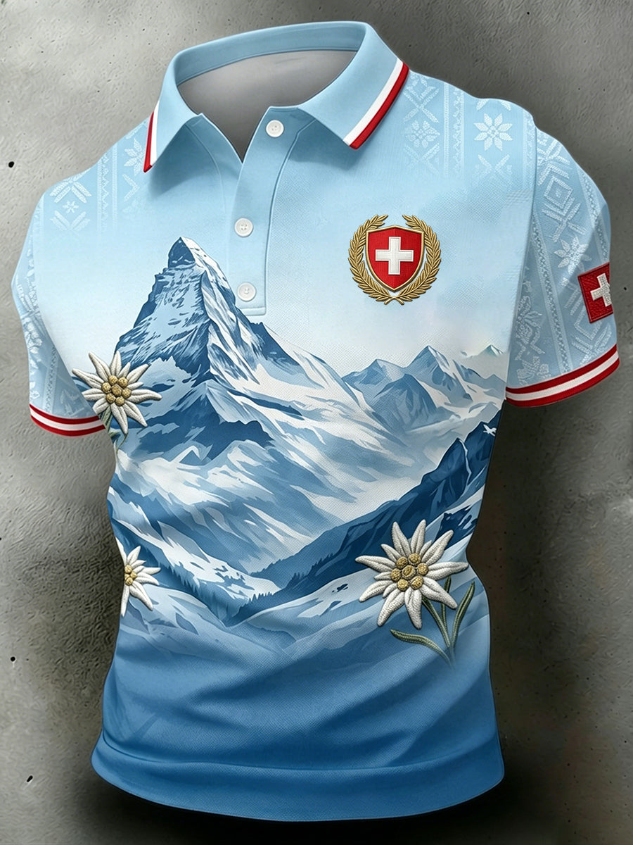 Herren-Poloshirt mit kurzen Ärmeln und Landschafts- sowie Blumenmuster