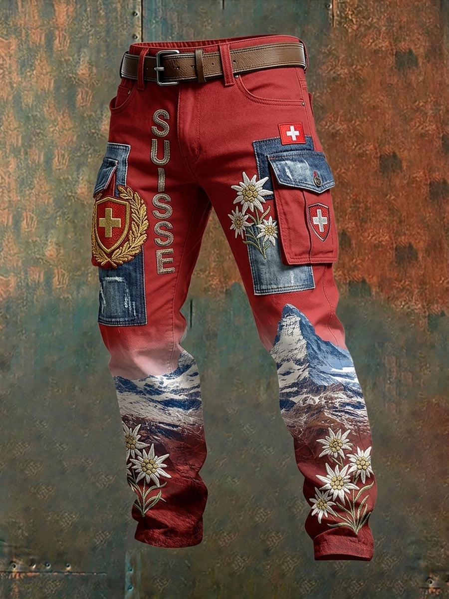 Herren Cargo hosen mit Landschaft und Blumen drucken
