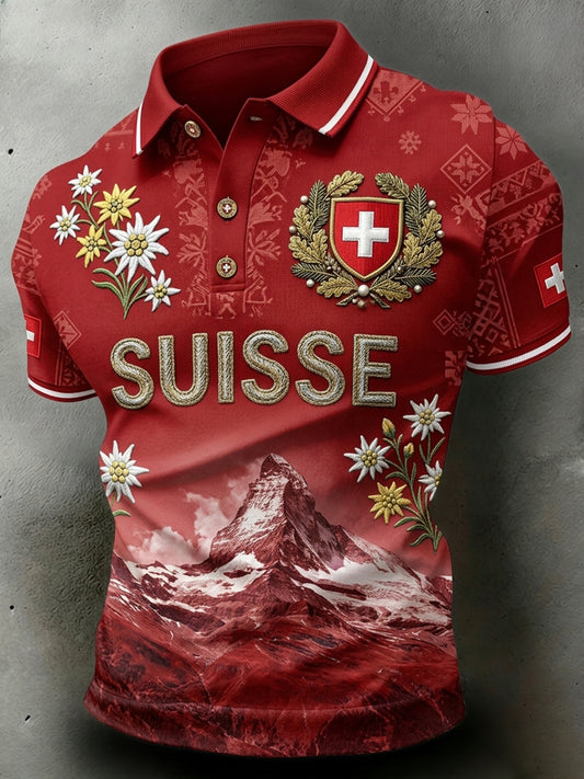 Herren-Poloshirt mit kurzen Ärmeln und Landschafts- sowie Blumenmuster