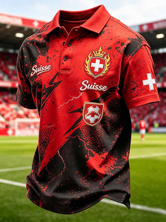 Herren-Poloshirt im Stil der Schweizer Fussballliga, mit Kunstdruck, lässig geschnitten