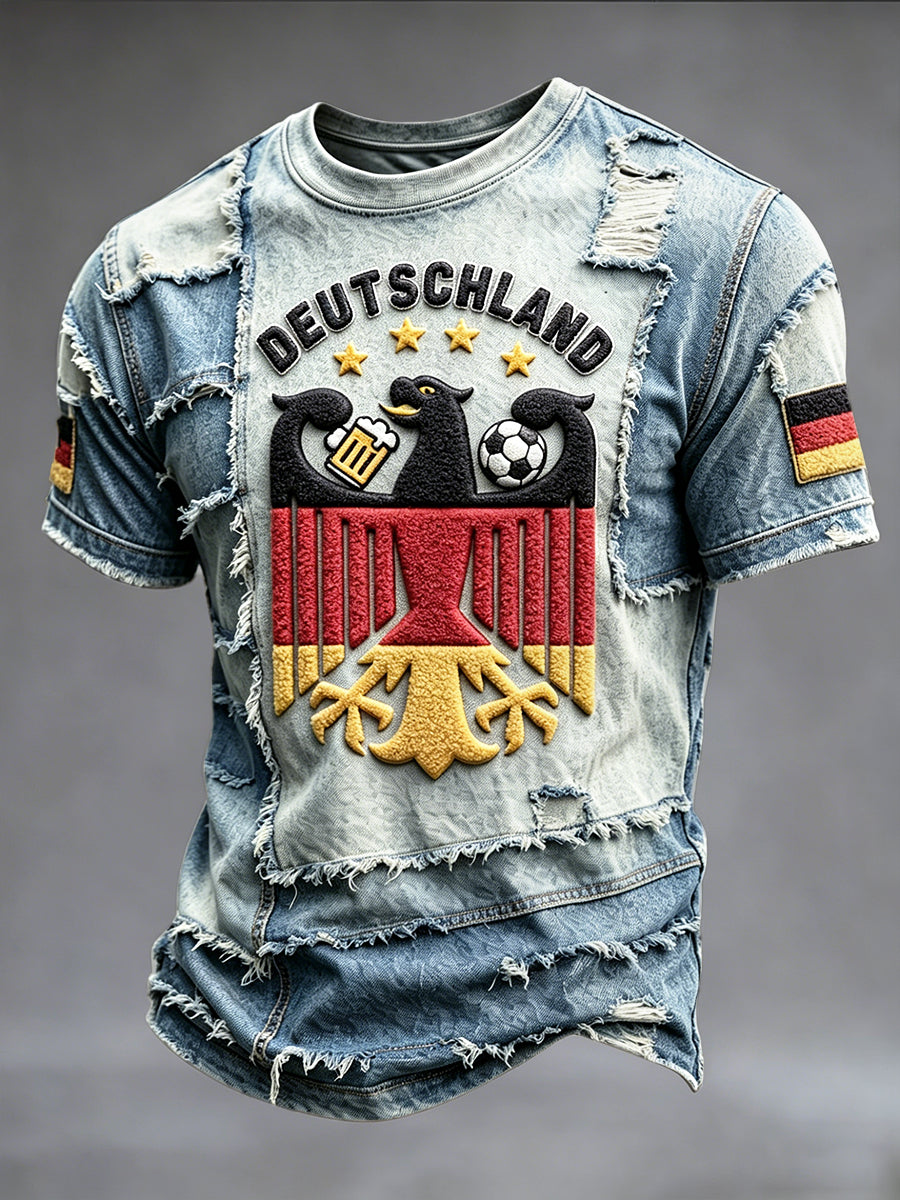Herren Deutsch Fußball Denim Patchwork Print Freizeit-T-Shirt