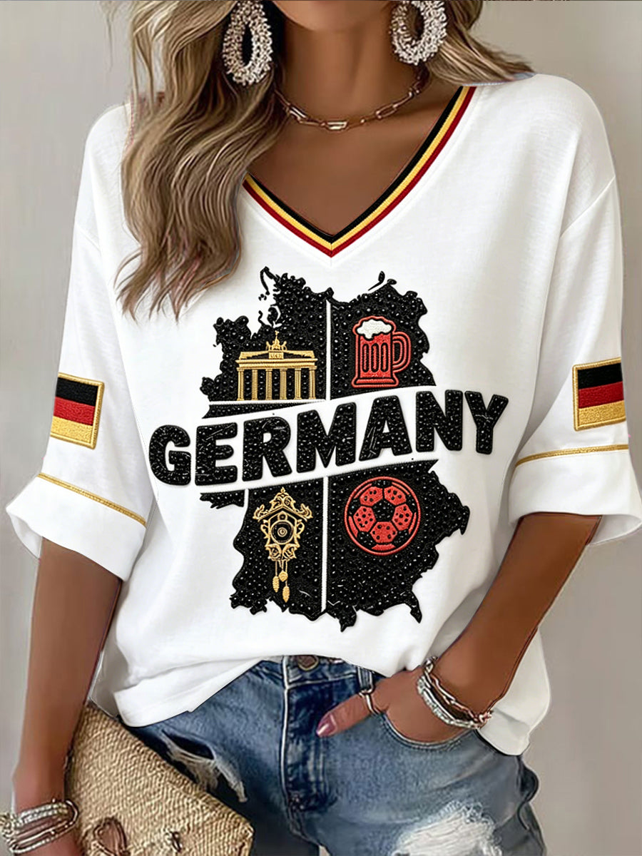 Frauen weiße deutsche Flagge Fußball druck lässig T-Shirt mit V-Ausschnitt