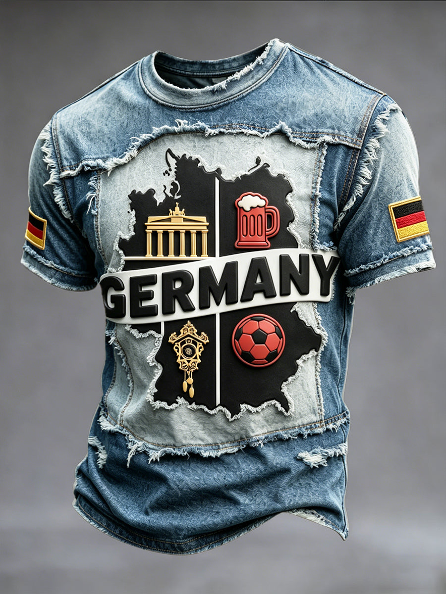 Herren Vintage Jeans Patchwork Deutsch Fußball Print Freizeit T-Shirt