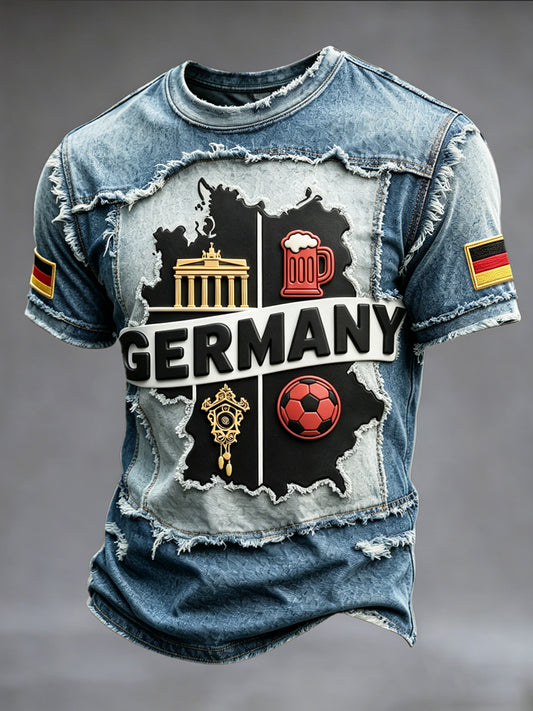 Herren Vintage Jeans Patchwork Deutsch Fußball Print Freizeit T-Shirt