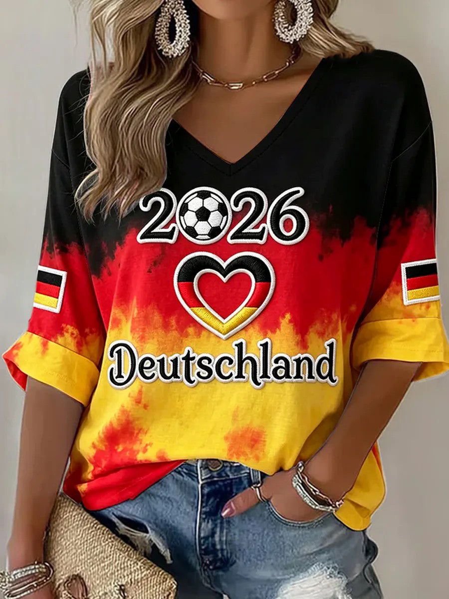Frauen Deutschland Fußball Fan Bedruckt V-Ausschnitt T-Shirt