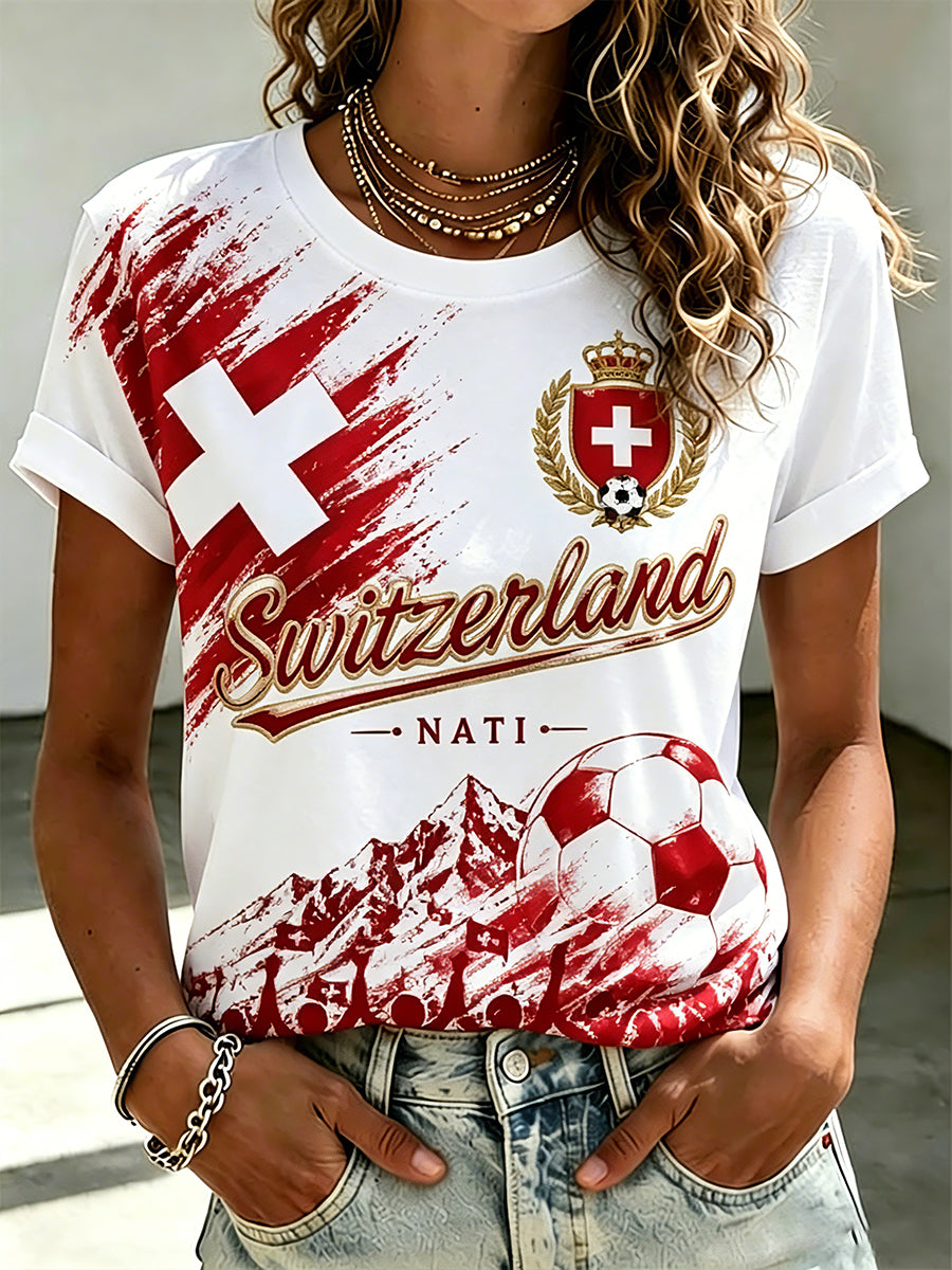 Retro-Fußballkunstdruck-T-Shirt für Damen mit kurzen Ärmeln
