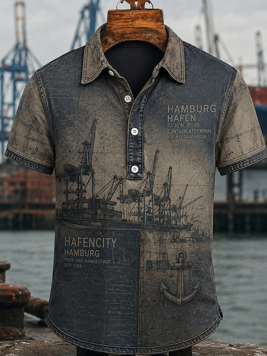 Herren-Lässiges Hemd im Retro-Stil mit Hafenmotiv aus Hamburg