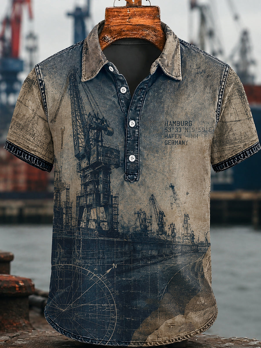 Herren-Lässiges Hemd im Retro-Stil mit Hafenmotiv aus Hamburg