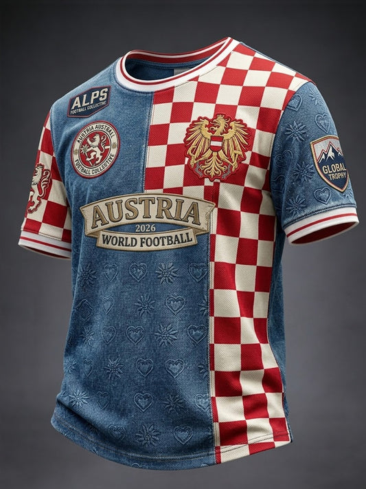 Vintage österreich ische 2026 Fußball kariertes Patchwork lässig T-Shirt
