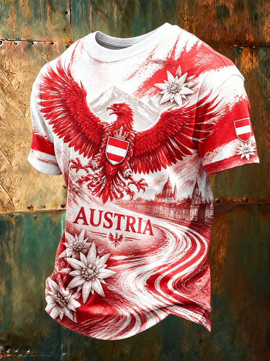 Kurzarm-T-Shirt für Männer mit österreichi schem Kunstdruck aus Natur landschaft