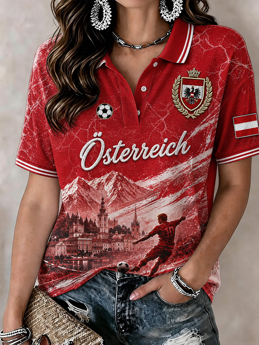 Damen Retro Print Lässiges Kurzarm-Polo-Shirt mit Fußball-Elementen