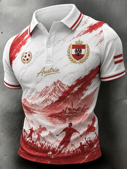 Herren-Poloshirt im Retro-Print mit Fußball-Elementen, lässig, kurzärmelig